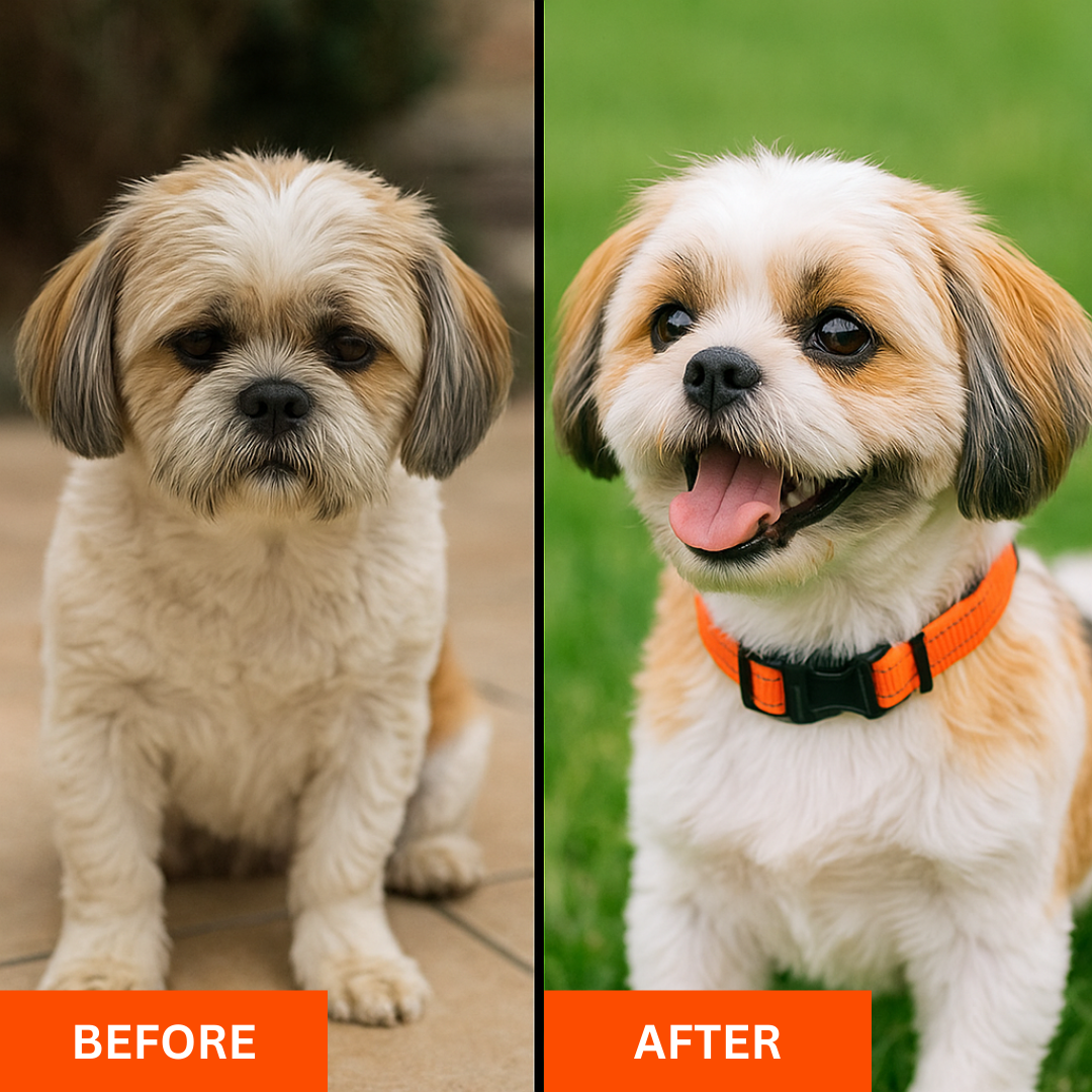 Senior dog walking comfortably wearing PawLiberation Collar